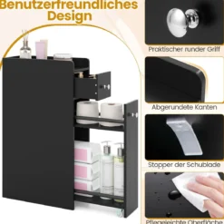 Kleiner Badezimmerschrank 4-stufiger schmaler Aufbewahrungsschrank mit ausziehbaren Schubladen Schwarz