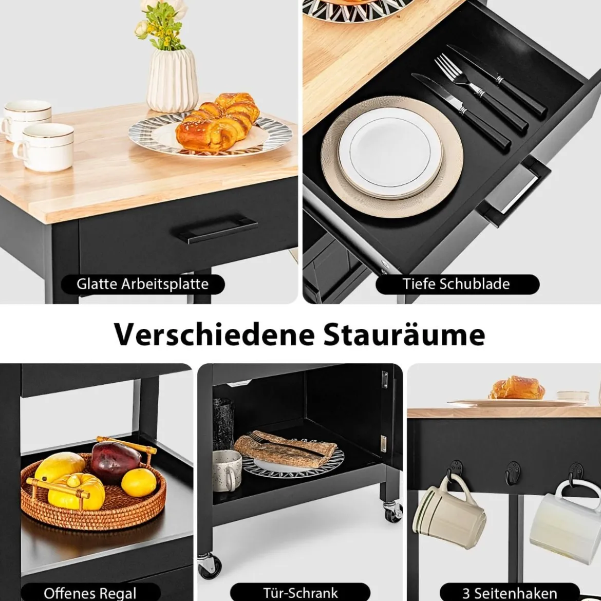 Kleiner Küchenwagen auf Rollen mit Schrank & Schublade & 3 Haken Servierwagen Schwarz