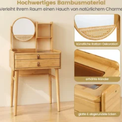 Kleiner Schminktisch mit Spiegel 60 cm kompakter Frisiertisch mit 2 Schubladen offenen Regalen Natur