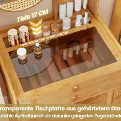 Kleiner Schminktisch mit Spiegel 60 cm kompakter Frisiertisch mit 2 Schubladen offenen Regalen Natur