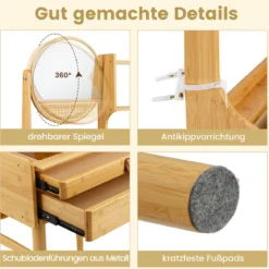 Kleiner Schminktisch mit Spiegel 60 cm kompakter Frisiertisch mit 2 Schubladen offenen Regalen Natur