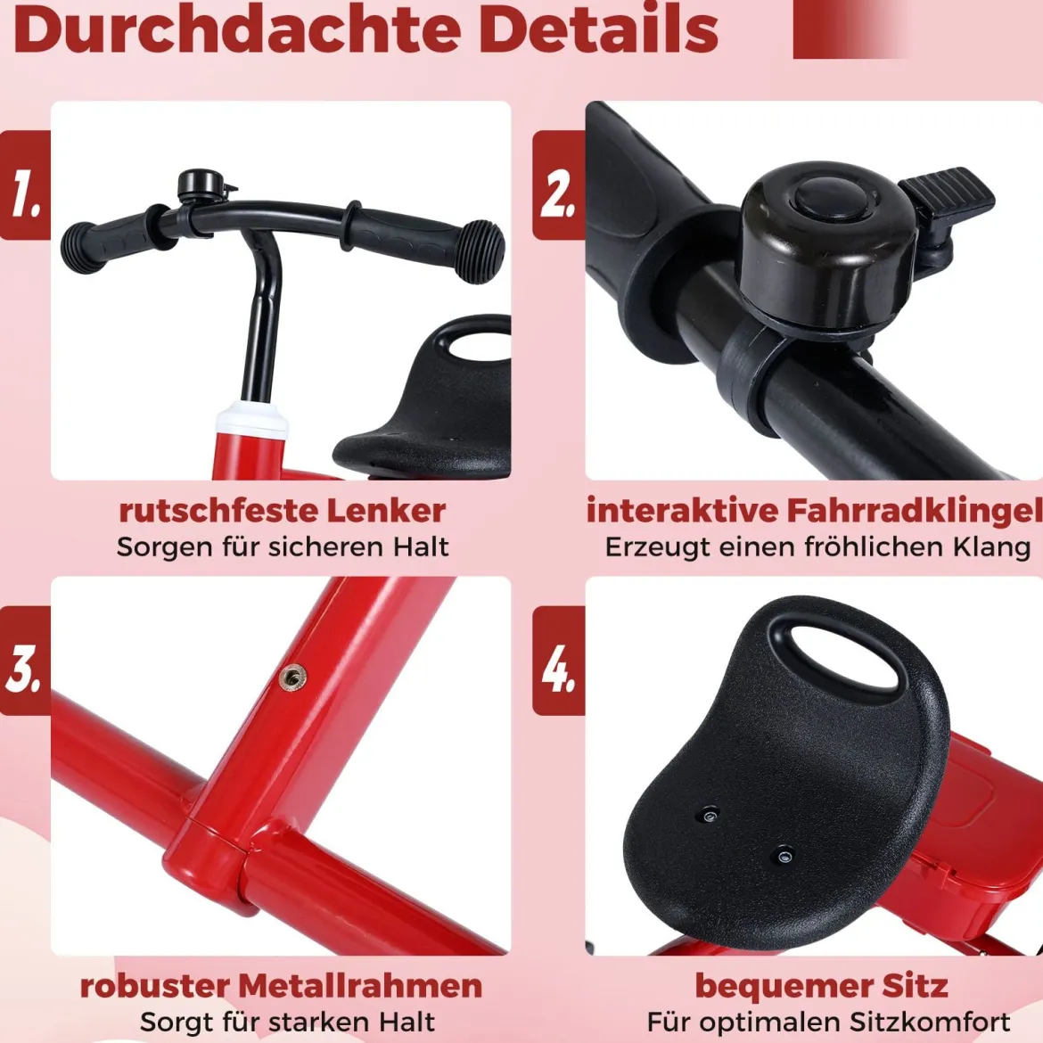Kleinkind-Dreirad Laufrad mit leuchtenden Rädern 4-stufig verstellbarer Sitz Aufbewahrungsbox Rot