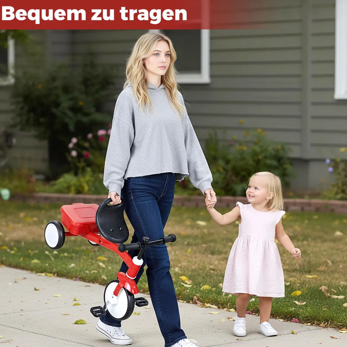 Kleinkind-Dreirad Laufrad mit leuchtenden Rädern 4-stufig verstellbarer Sitz Aufbewahrungsbox Rot