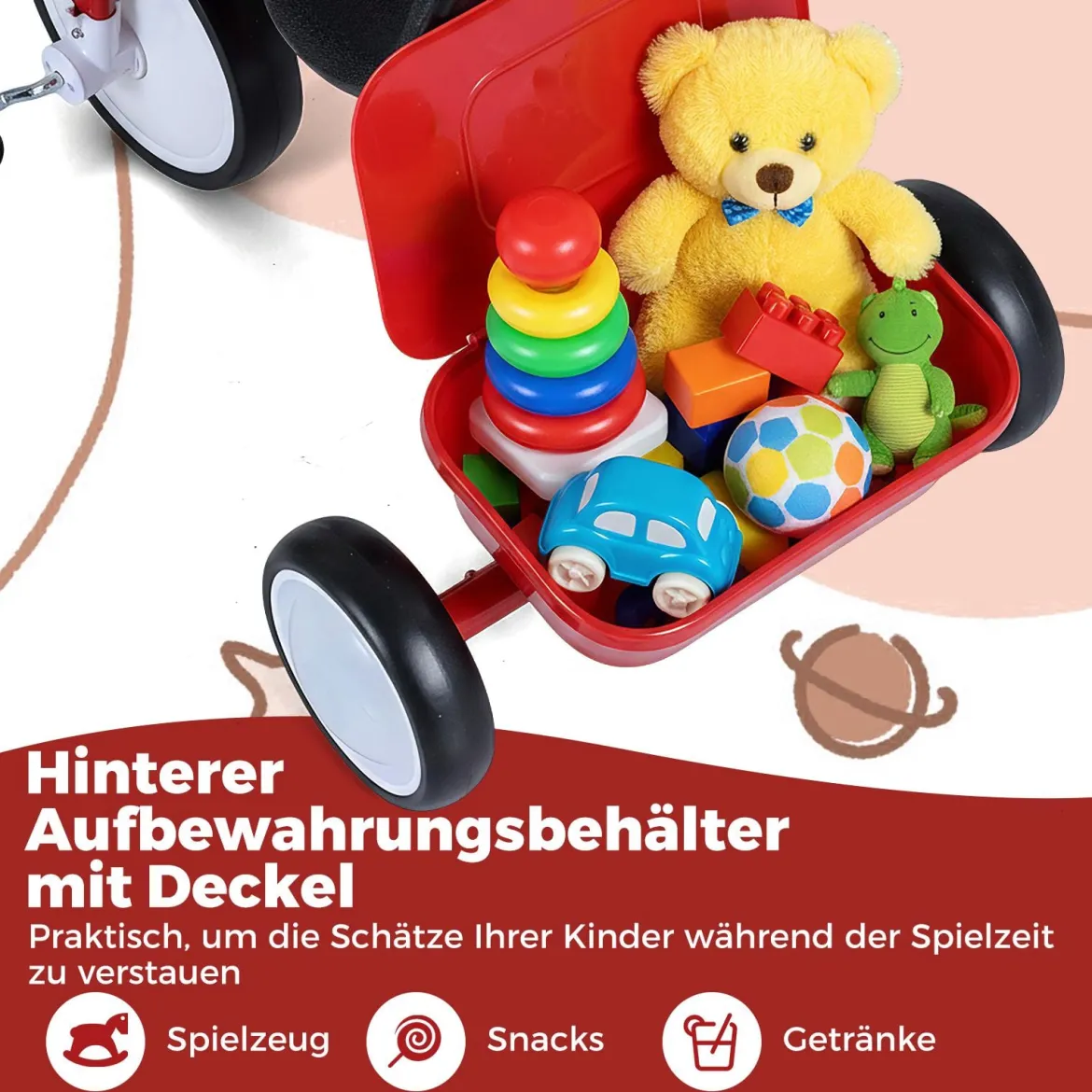 Kleinkind-Dreirad Laufrad mit leuchtenden Rädern 4-stufig verstellbarer Sitz Aufbewahrungsbox Rot