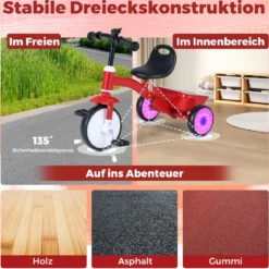 Kleinkind-Dreirad Laufrad mit leuchtenden Rädern 4-stufig verstellbarer Sitz Aufbewahrungsbox Rot