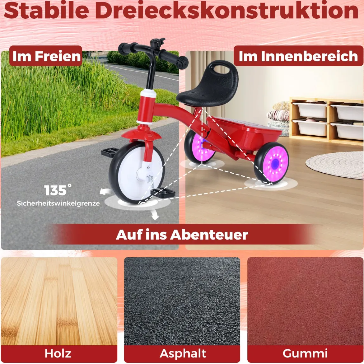 Kleinkind-Dreirad Laufrad mit leuchtenden Rädern 4-stufig verstellbarer Sitz Aufbewahrungsbox Rot