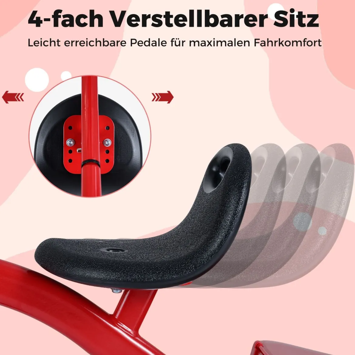 Kleinkind-Dreirad Laufrad mit leuchtenden Rädern 4-stufig verstellbarer Sitz Aufbewahrungsbox Rot