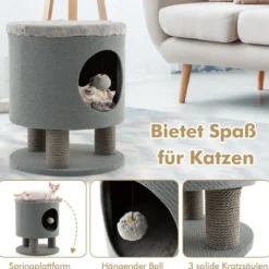 Klein Kratzbaum mit Weicher Sitzfläche & 3 Sisal-Kratzsäulen & Ball Hocker 40 x 40 x 47 cm Grau