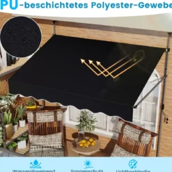 Klemmmarkise 200cm Balkonmarkise ohne Bohren mit Handkurbel Höhenverstellbar & UV-beständig 200 cm Schwarz