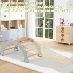 Kletterbogen aus Holz mit Weichem Kissen zum Wippen & Klettern & Krabbeln Klettergerüst Grau