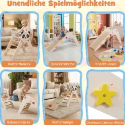 Kletterdreiecke Set faltbares Montessori-Kletterset aus Holz mit Panda-Motiv Beige