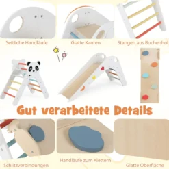 Kletterdreiecke Set faltbares Montessori-Kletterset aus Holz mit Panda-Motiv Weiß