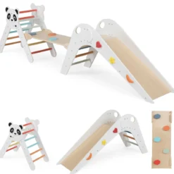 Kletterdreiecke Set faltbares Montessori-Kletterset aus Holz mit Panda-Motiv Weiß