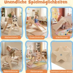 Kletterdreiecke Set faltbares Montessori-Kletterset aus Holz mit Panda-Motiv Natur
