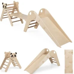 Kletterdreiecke Set faltbares Montessori-Kletterset aus Holz mit Panda-Motiv Natur