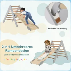 Kletterdreieck mit Rutsche Klettergerüst Indoor ab 1 Jahr Sprossendreieck Kletterrampe aus Holz Grau