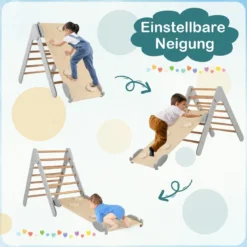 Kletterdreieck mit Rutsche Klettergerüst Indoor ab 1 Jahr Sprossendreieck Kletterrampe aus Holz Grau