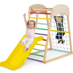Klettergerüst Indoor 4 in 1 Pull Up Bar & Rutsche & Kletterfelsen & Kletternetz Natur/Bunt