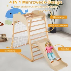 Klettergerüst Indoor 4 in 1 Pull Up Bar & Rutsche & Kletterfelsen & Kletternetz Natur/Bunt