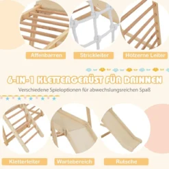 Klettergerüst Indoor Pull Up Bar & Rutsche & Kletternetz & Leiter & Tunnel 205 x 112 x 120 cm Natur