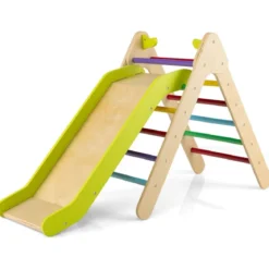Klettergerüst mit Rutsche Kletterdreieck aus Holz Sprossendreieck zum Rutschen und Klettern 86,5 x 48 x 73,5 cm Bunt