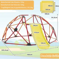 Kletterkuppel mit Rutsche &Stoffplattform & 180 kg Belastbarkeit Klettergerüst in Kuppelform Orange + Rot