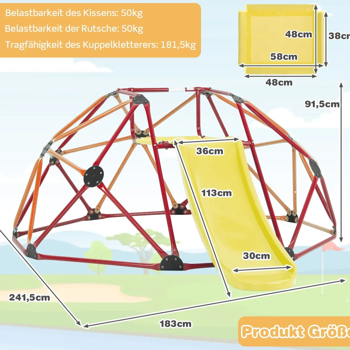 Kletterkuppel mit Rutsche &Stoffplattform & 180 kg Belastbarkeit Klettergerüst in Kuppelform Orange + Rot