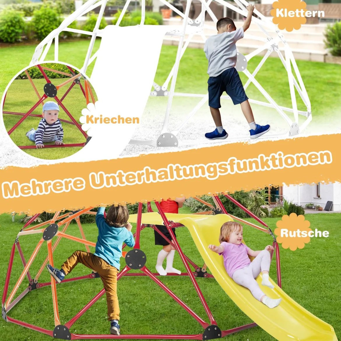 Kletterkuppel mit Rutsche &Stoffplattform & 180 kg Belastbarkeit Klettergerüst in Kuppelform Orange + Rot