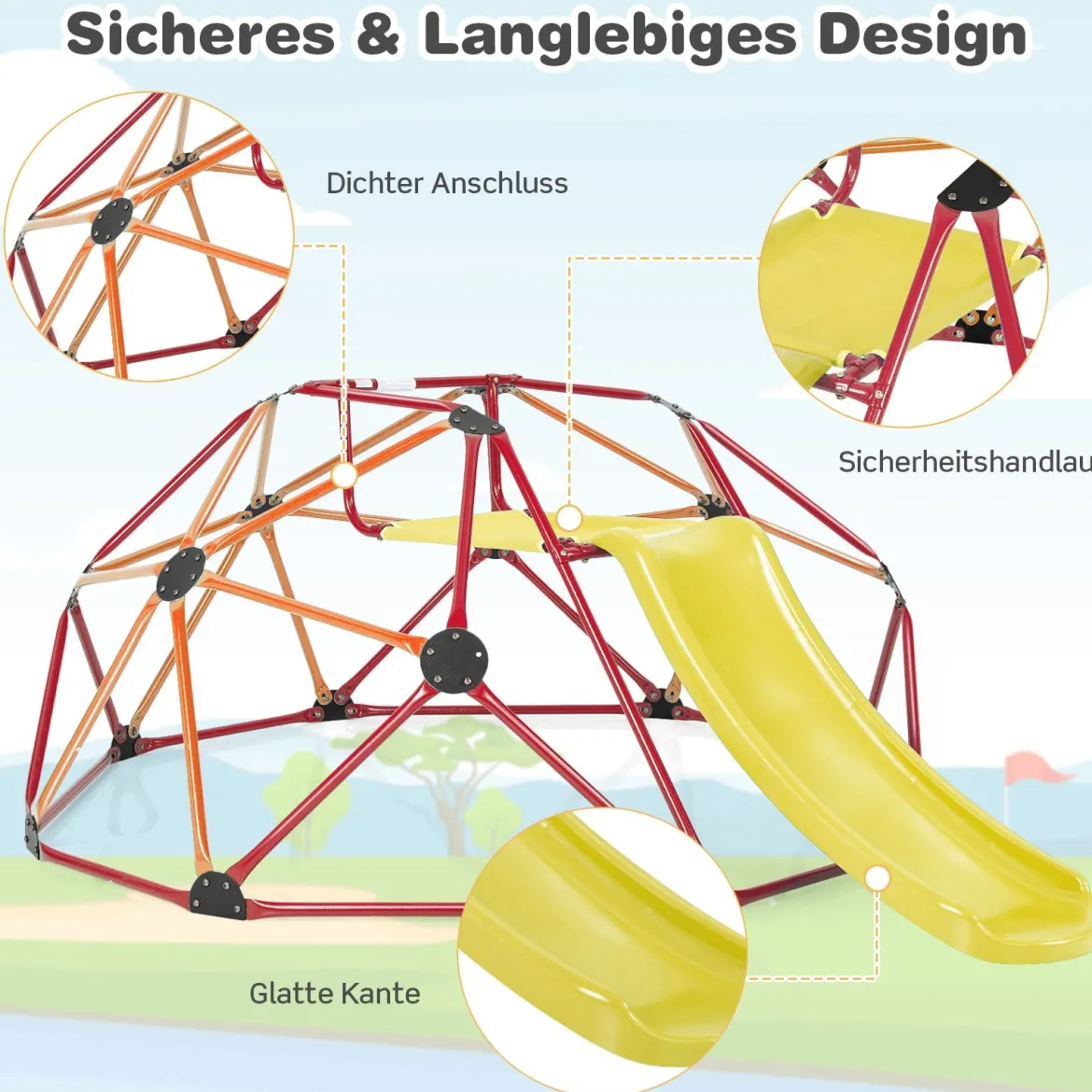 Kletterkuppel mit Rutsche &Stoffplattform & 180 kg Belastbarkeit Klettergerüst in Kuppelform Orange + Rot