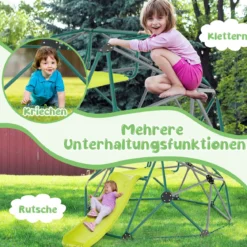 Kletterkuppel mit Rutsche &Stoffplattform & 180 kg Belastbarkeit Klettergerüst in Kuppelform Grün + Grau