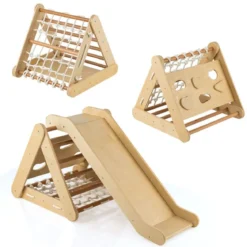 Kletterspielzeug für Kleinkinder Dreieckiges 4-in-1 Klettergerüst mit Rampe Natur