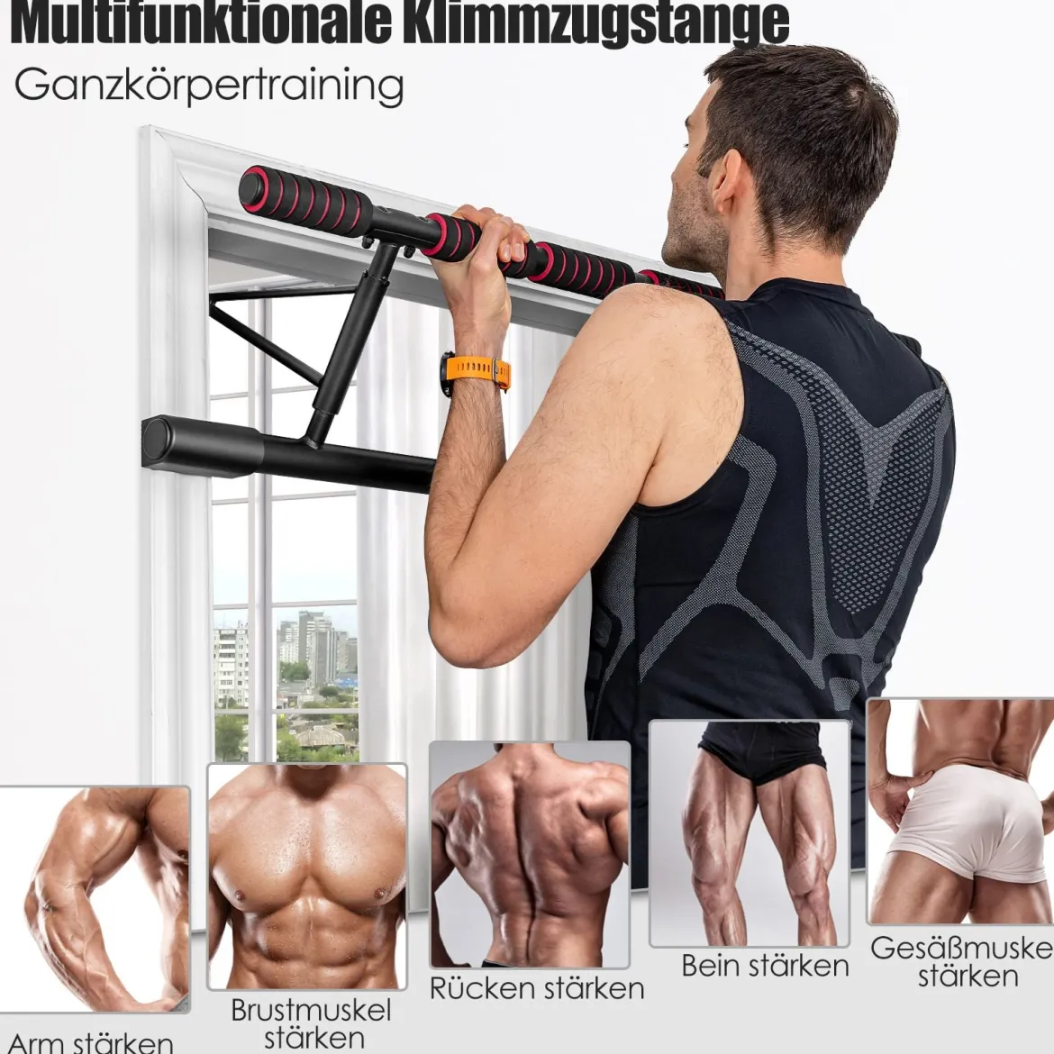 Klimmzugstange für den Türrahmen multifunktionale Klimmzugstange Reckstange fürs Krafttraining Türreck Schwarz