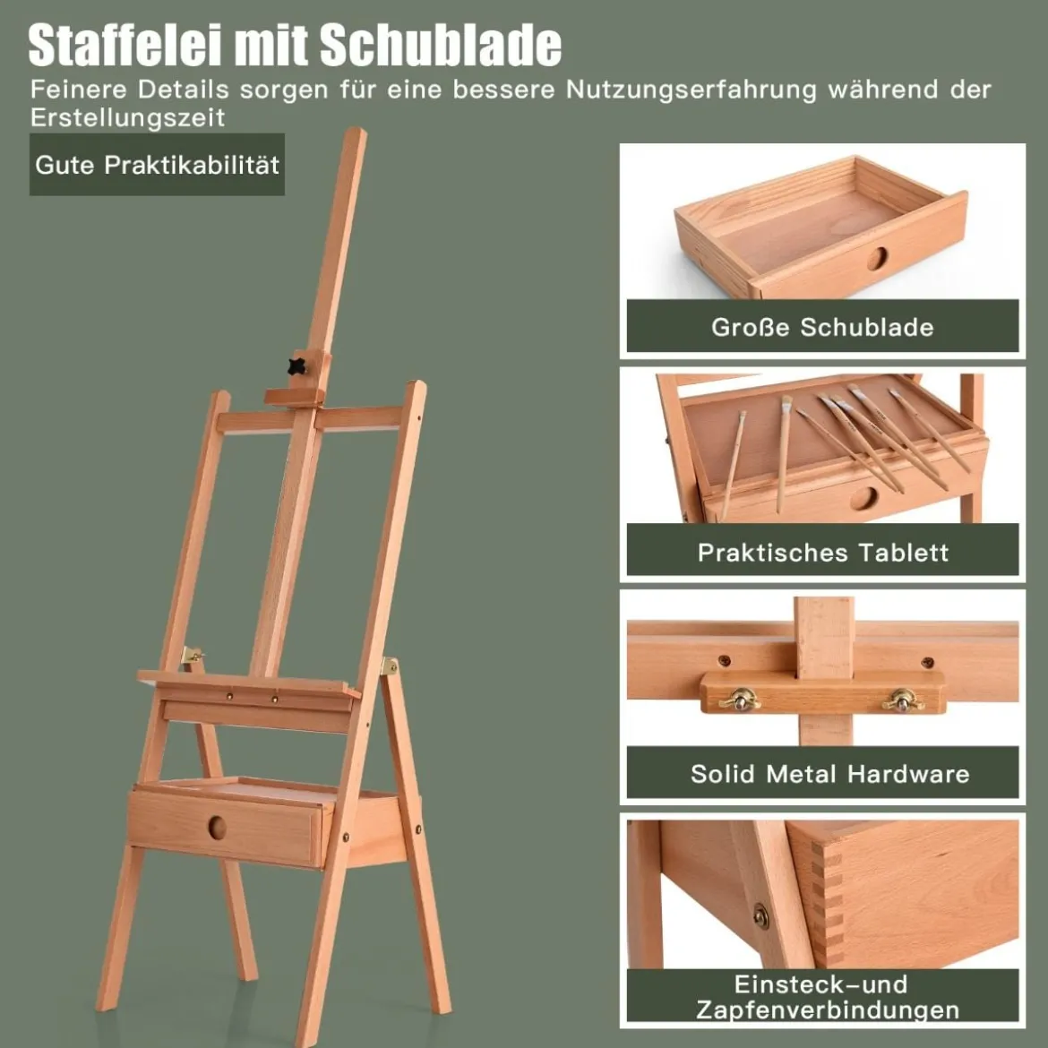 Künstlerstaffelei Bodenstaffelei mit Schublade aus Buchenholz Staffelei mit Ablage verstellbar Natur