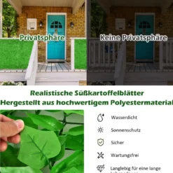 Künstliche Hecke mit 1908 Süßkartoffelblättern Reißverschlüsse einfach anzubringende 300 x 100 cm Hellgrün