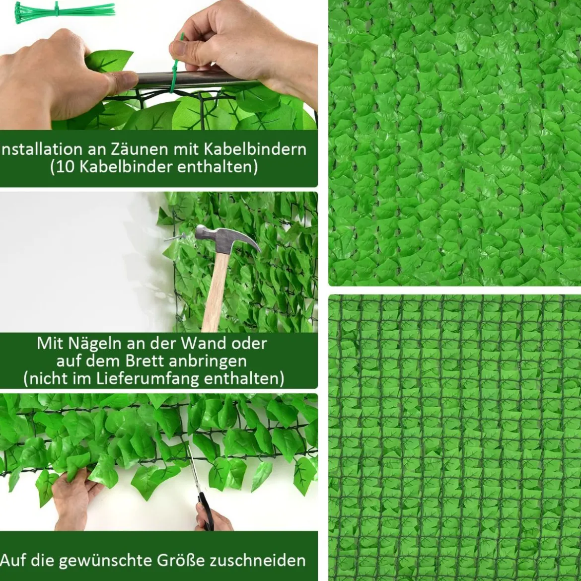 Künstliche Hecke mit 1908 Süßkartoffelblättern Reißverschlüsse einfach anzubringende 300 x 100 cm Hellgrün