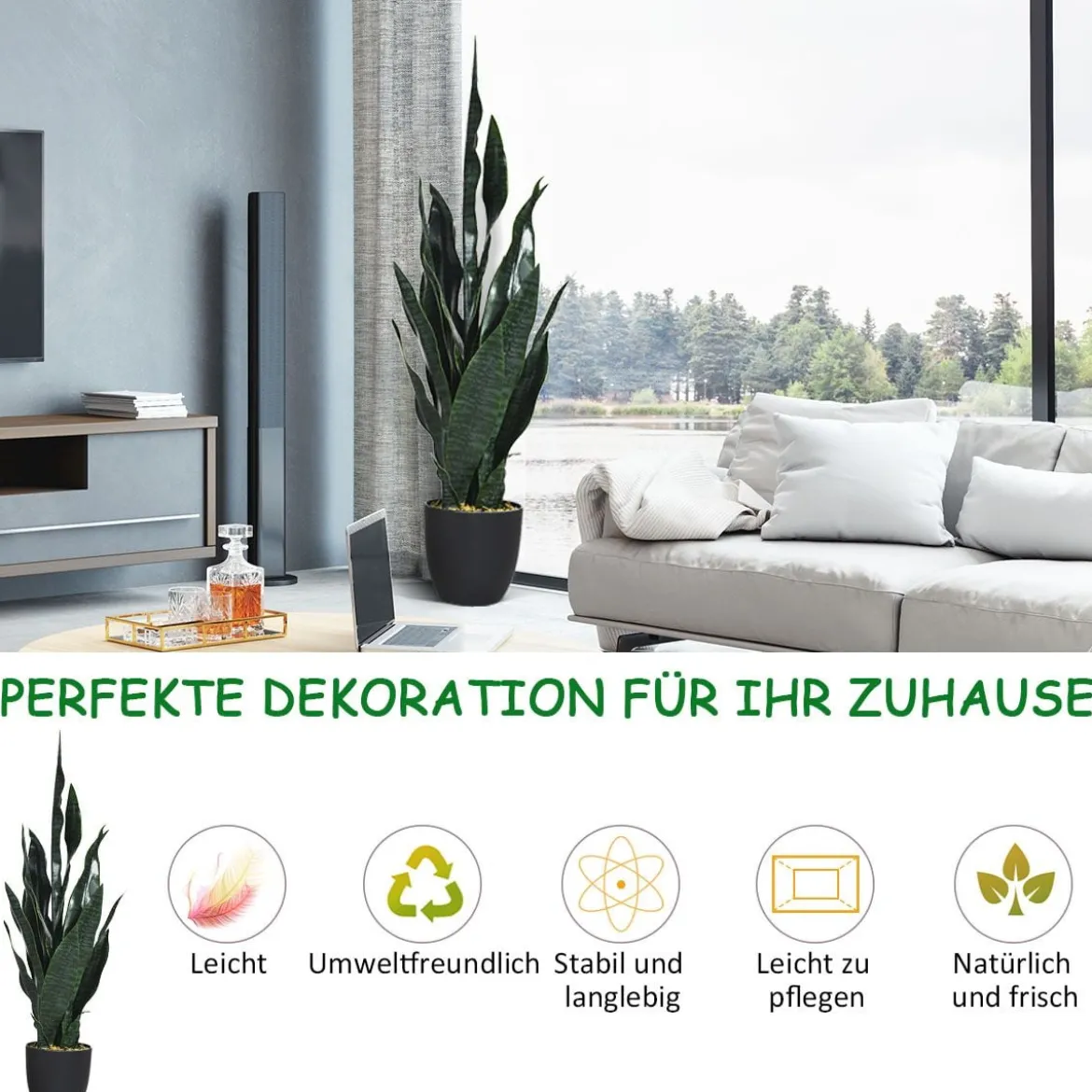 Künstliche Pflanze 90 cm Unechte Sansevieria mit Stabilem Topf & 20 Blättern Bogenhanf Ø 16 cm Topf