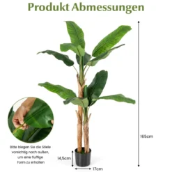 Künstlicher Bananenbaum Bananenpflanze mit 10 Blättern & natürlichem Stamm Grün 165 cm