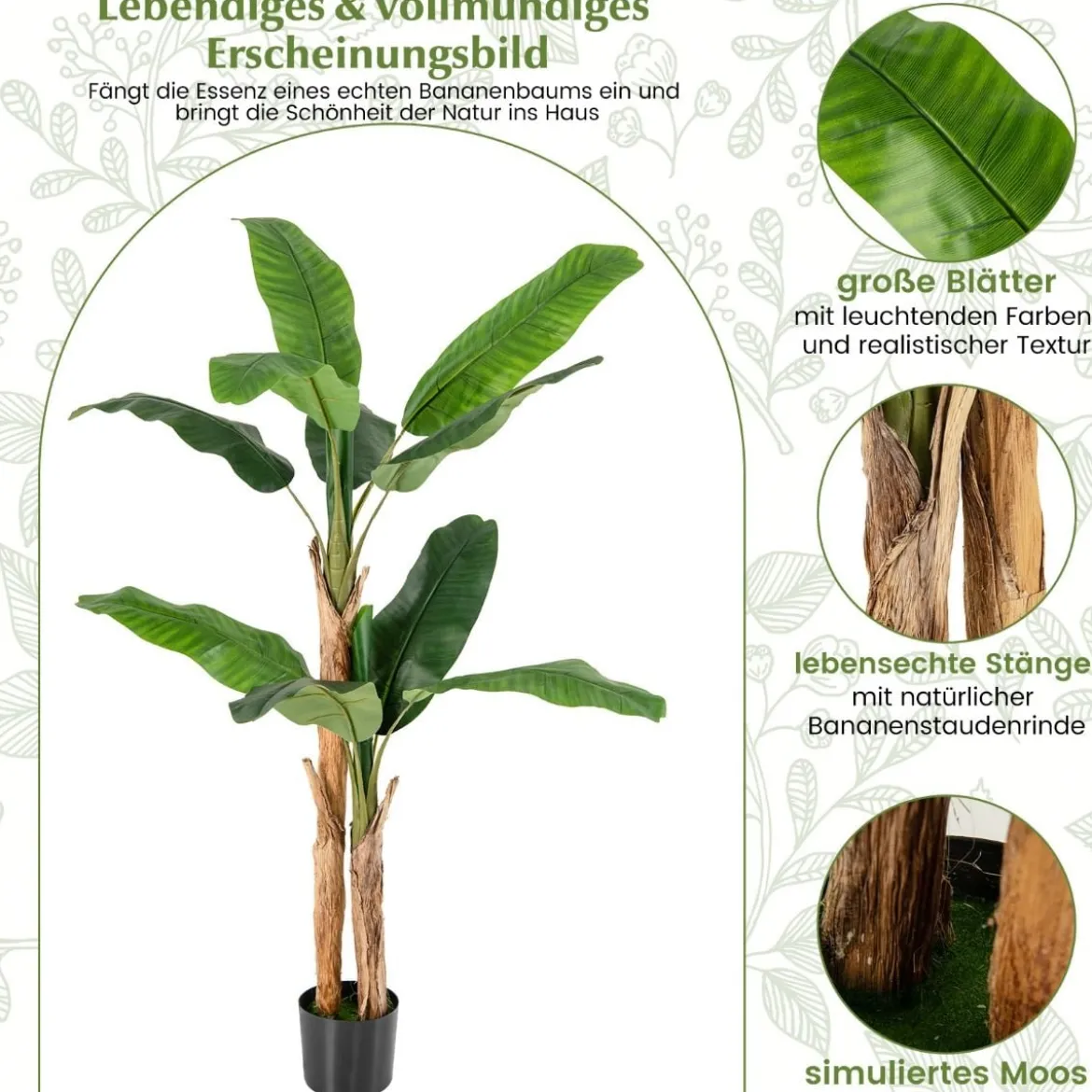 Künstlicher Bananenbaum Bananenpflanze mit 10 Blättern & natürlichem Stamm Grün 165 cm