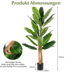 Künstlicher Bananenbaum mit 27 Blättern & Natürlichem Stamm Bananenpflanze Kunstpflanze 195 cm