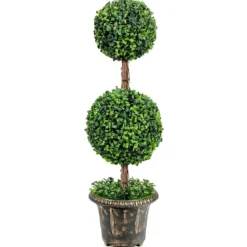 Künstlicher Formschnittbaum 90 cm großer Doppelkugelbaum mit UV & Wasserschutz mit Zement gefüllter Topf