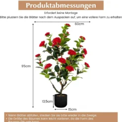 Künstlicher Kamelienbaum 95 cm Kunstblumenpflanze Künstlicher Baum im Zementtopf Rot