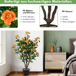 Künstlicher Kamelienbaum Unechte Blühende Kamelienpflanze Grün + Gelb