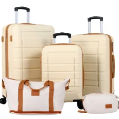 Koffer Set 5 Teilig Erweitbarer Hartschale Reisekoffer mit 1 Reisetasche & 1 Kulturbeutel Schwarz/Beige