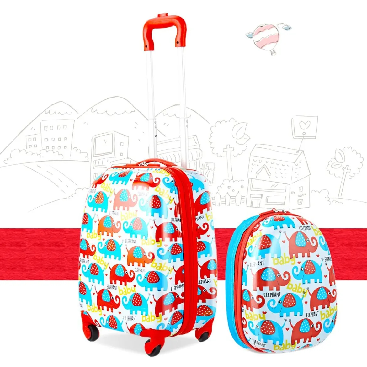Kofferset 2 tlg Elefant 16'' Kinderkoffer + 12'' Rucksack Farbig