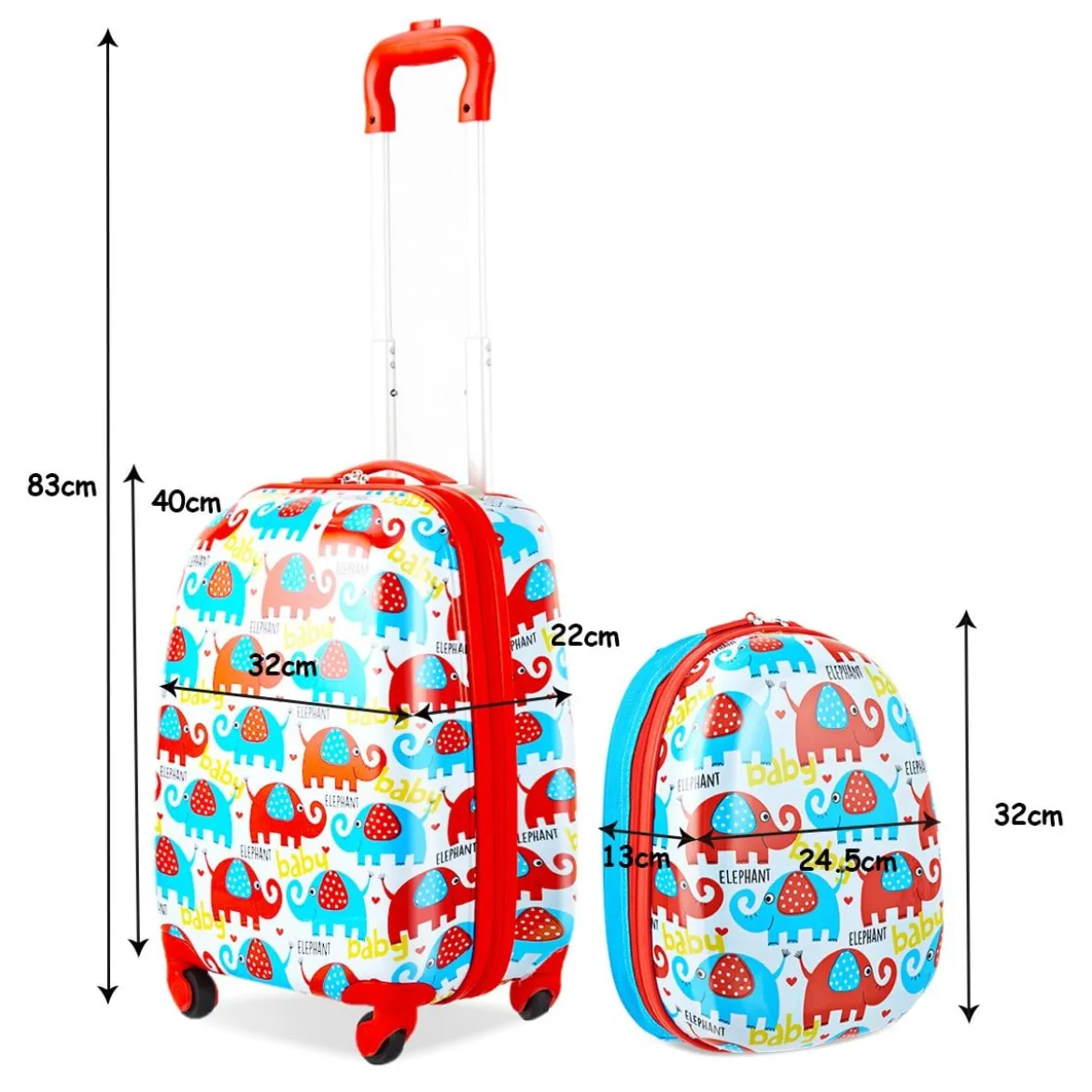 Kofferset 2 tlg Elefant 16'' Kinderkoffer + 12'' Rucksack Farbig