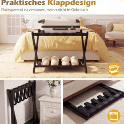 Kofferständer Klappbar Gepäckständer aus Gummibaumholz mit 2 Ablagen 67 x 46 x 52 cm Schwarz