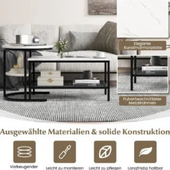 Kombinierbare Couchtische 2-teiliges Kaffeetisch-Set mit Kunstmarmorplatte Weiß und Schwarz