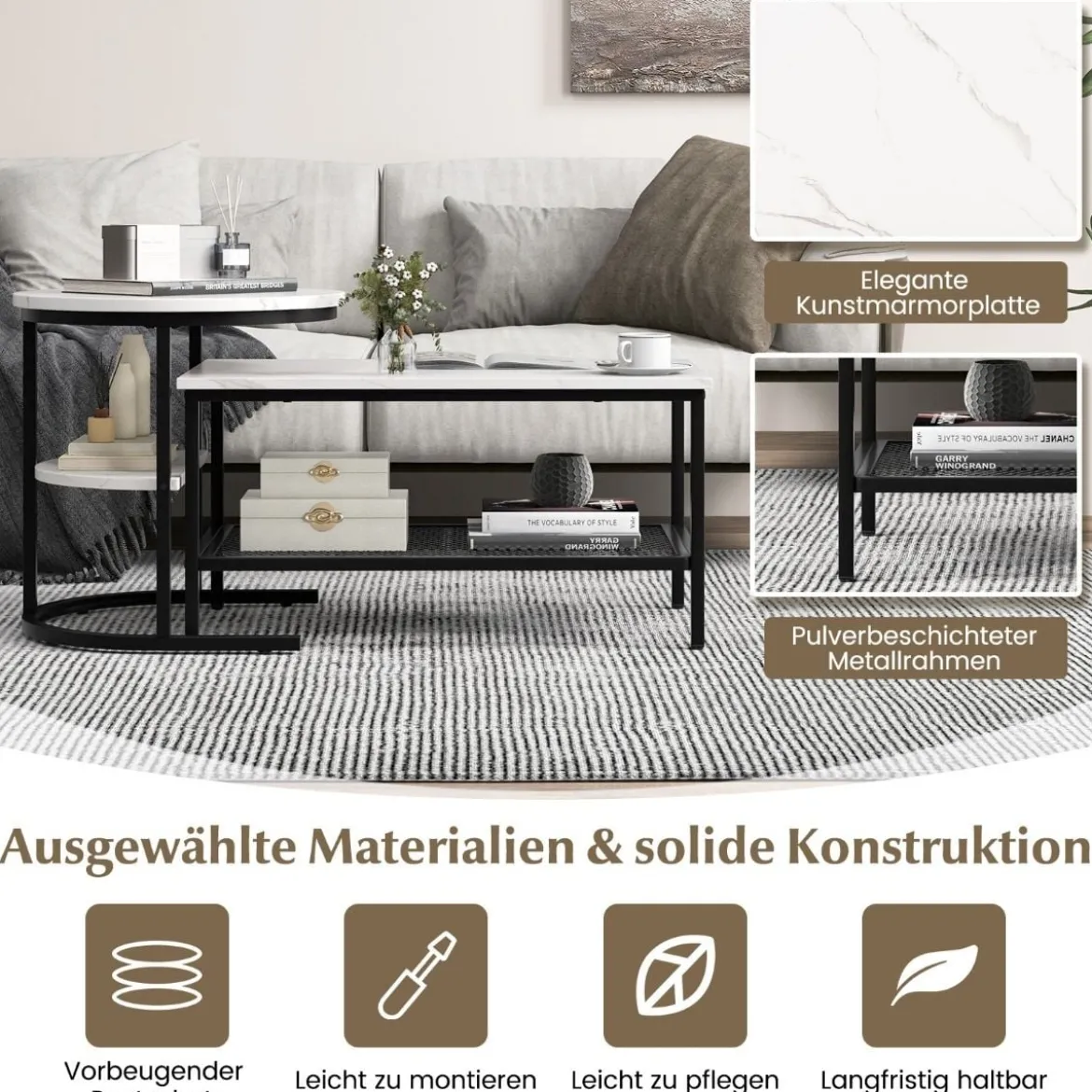 Kombinierbare Couchtische 2-teiliges Kaffeetisch-Set mit Kunstmarmorplatte Weiß und Schwarz