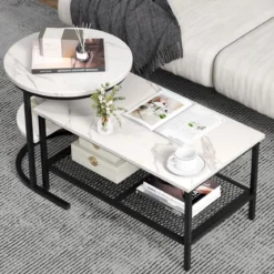 Kombinierbare Couchtische 2-teiliges Kaffeetisch-Set mit Kunstmarmorplatte Weiß und Schwarz