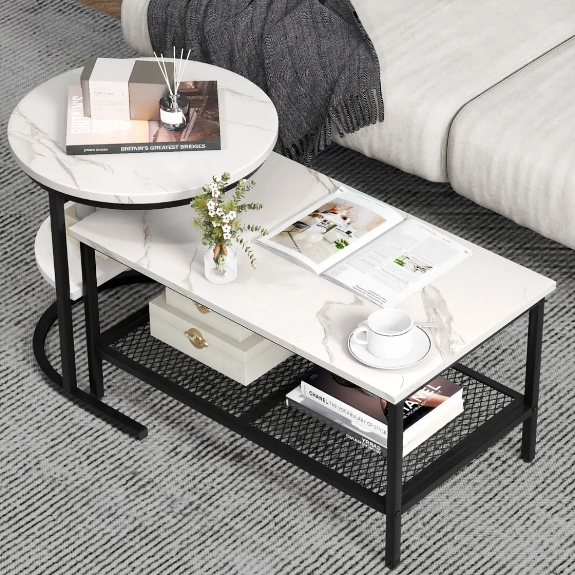 Kombinierbare Couchtische 2-teiliges Kaffeetisch-Set mit Kunstmarmorplatte Weiß und Schwarz